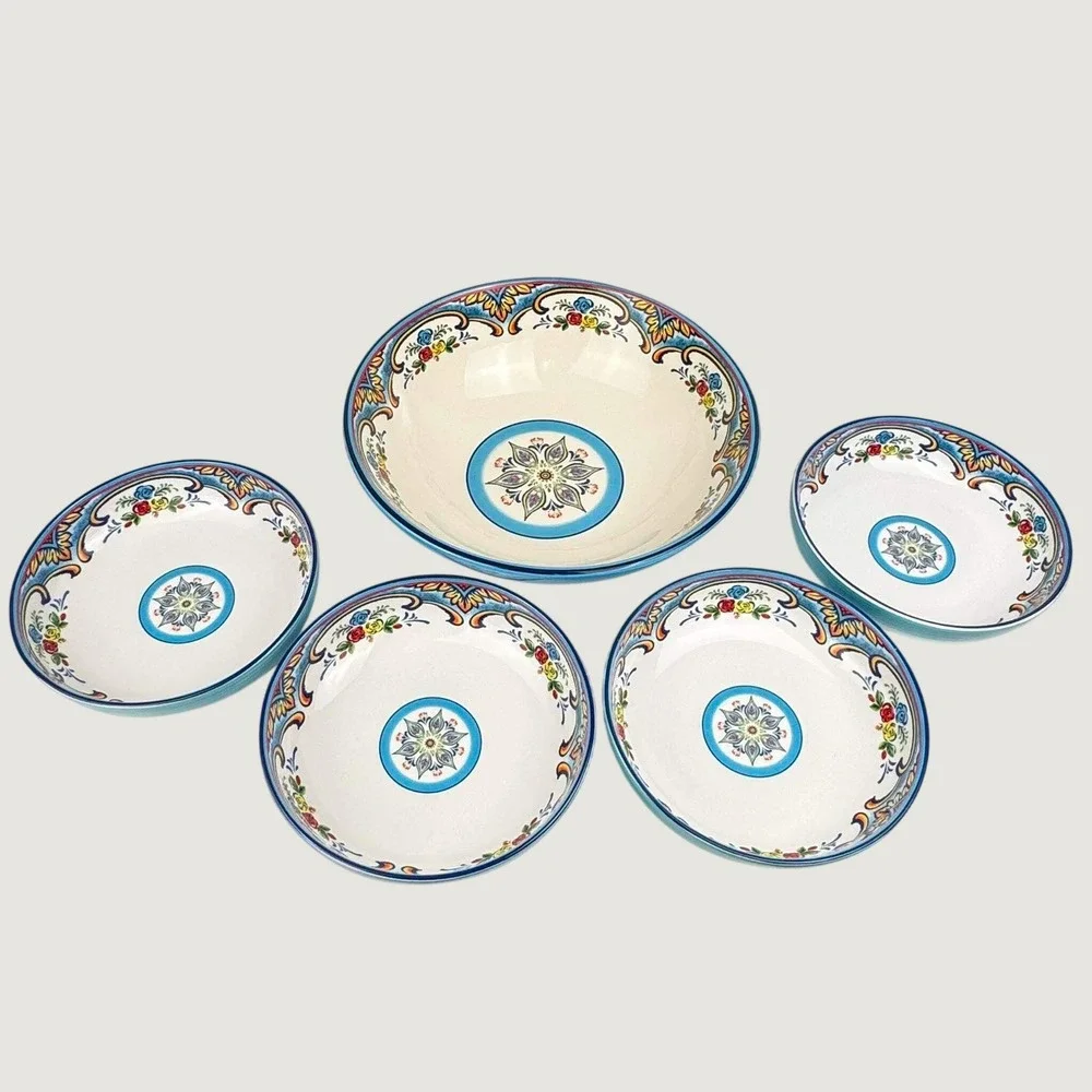 Euro Ceramica Zanzibar 5 Piece Pasta Bowl Set Blue Floral Spanish Design Ceramic